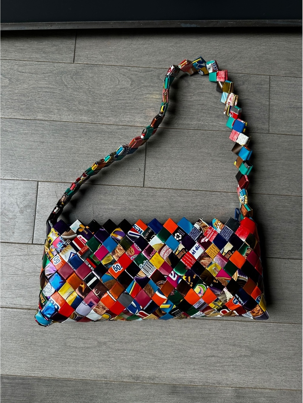Handwoven Multicolor Recycled Paper Candy Gum Wrapper Shoulder Bag Purse